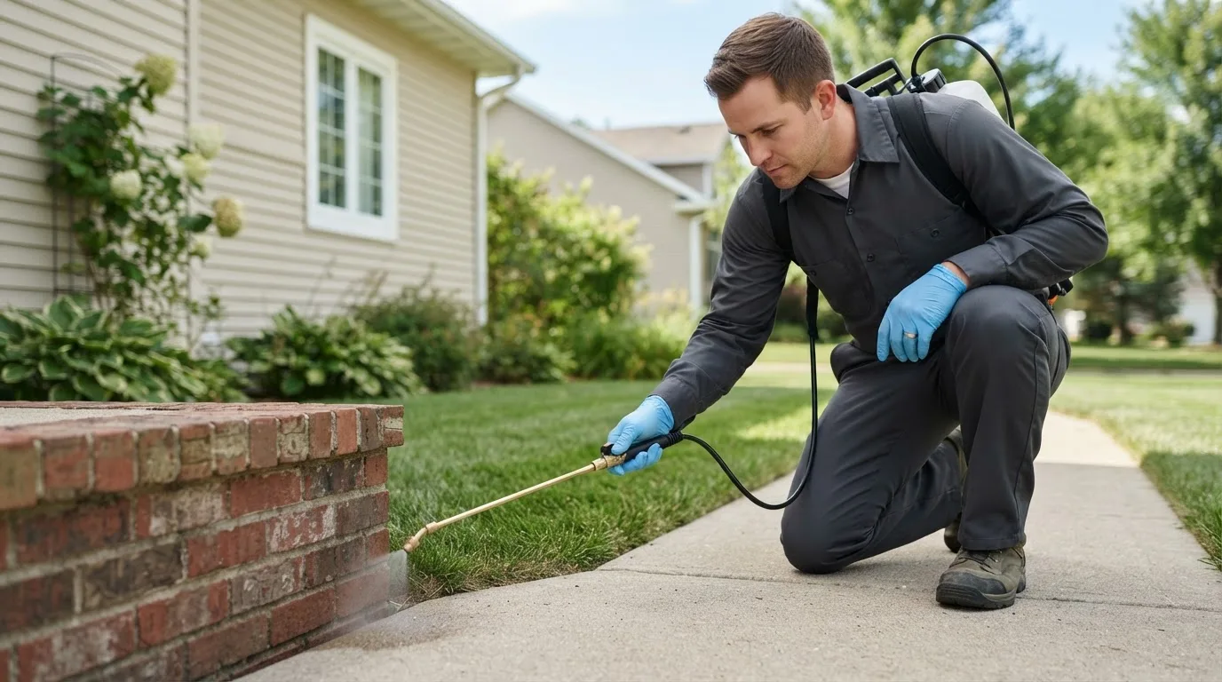 Pest control technician treating a home near Clio, IA
