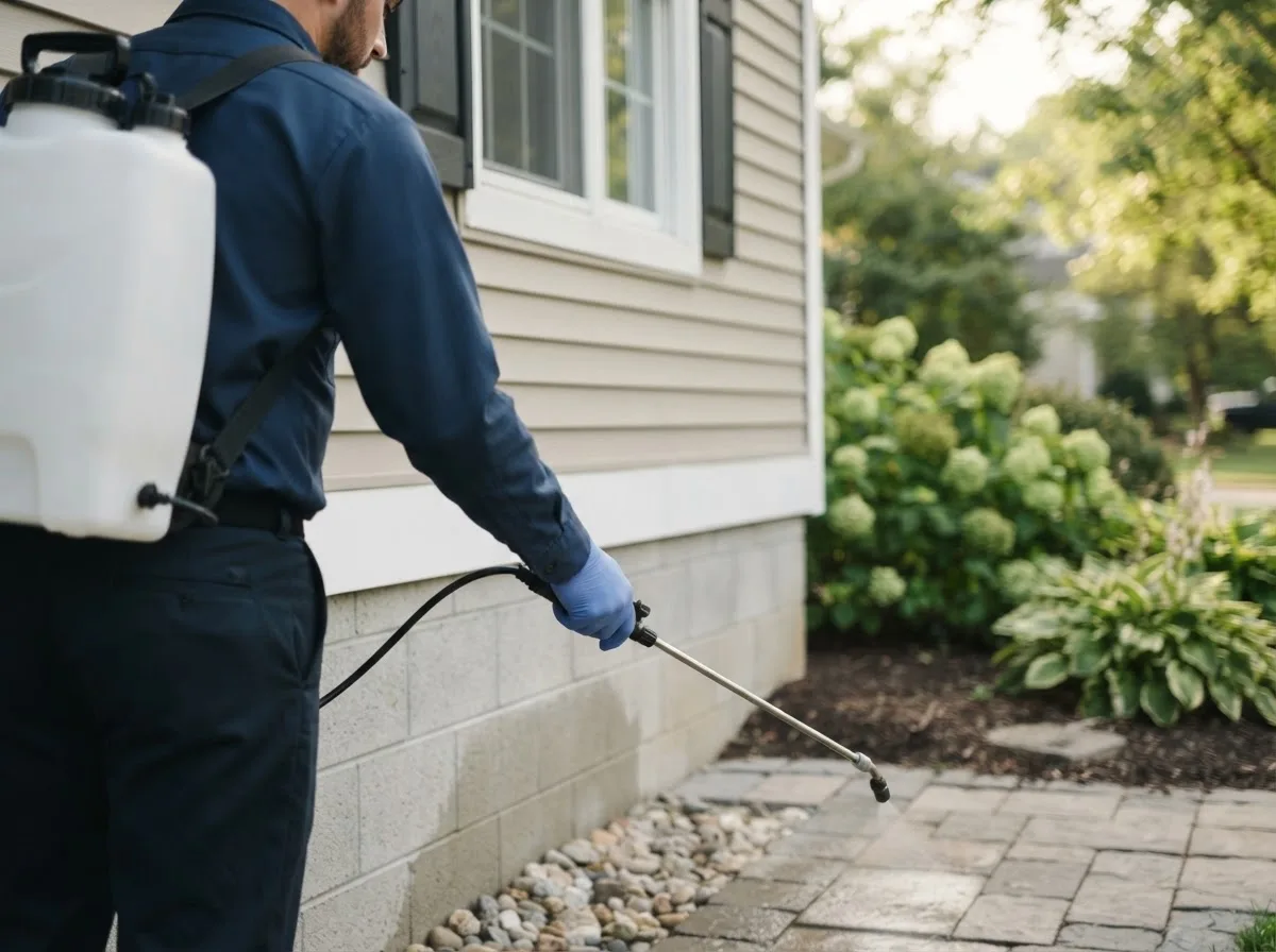 Pest control technician inspecting a home in Clio, IA